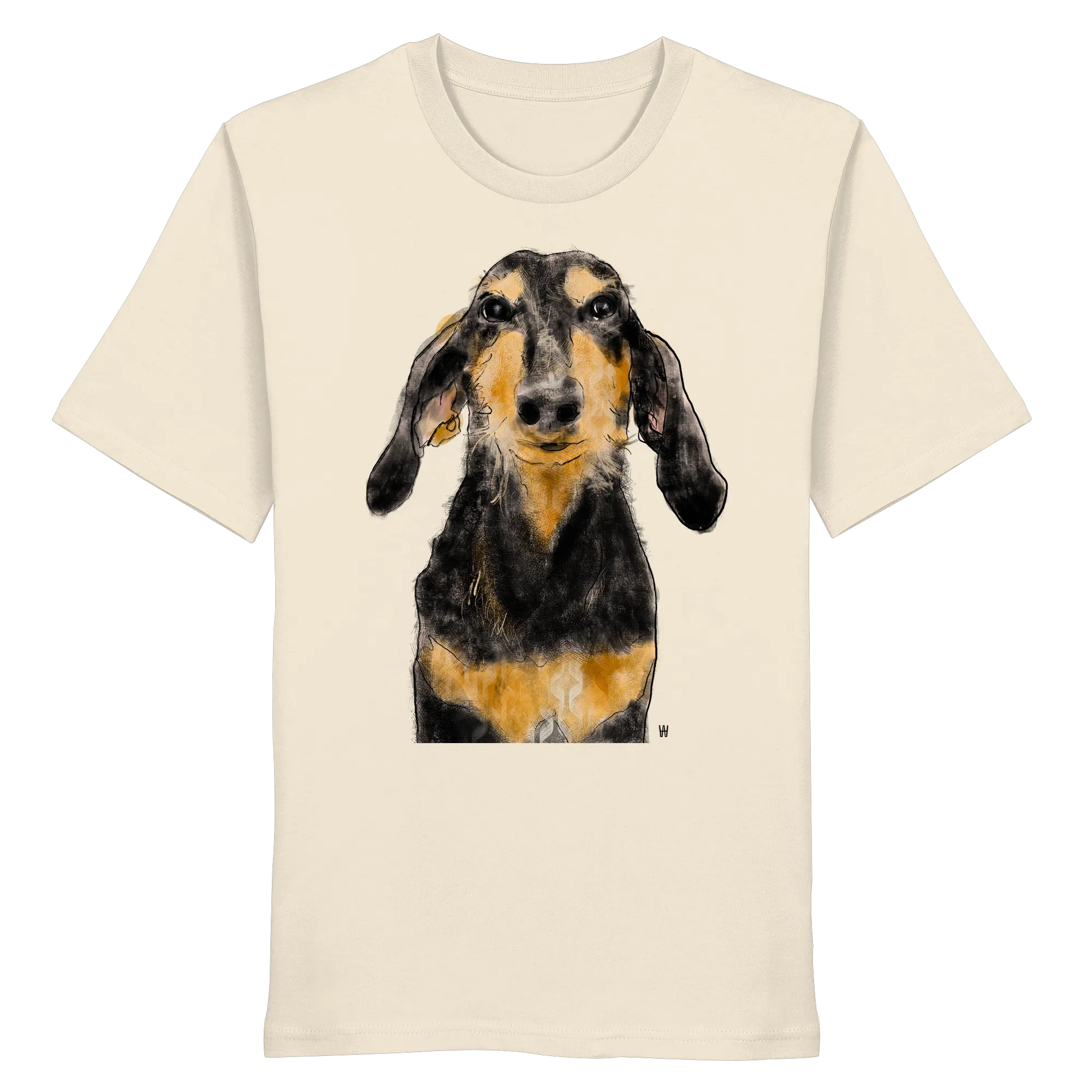 Handgezeichnete Segugio Italiano-Illustration "Tenor" auf einem naturweißen Bio-T-Shirt.