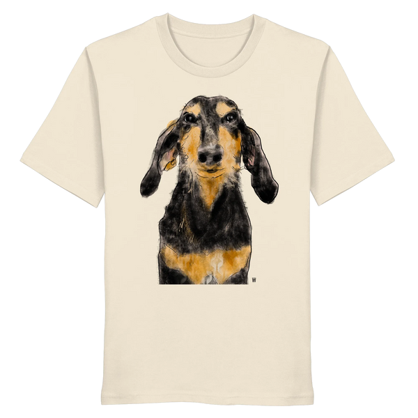 Handgezeichnete Segugio Italiano-Illustration "Tenor" auf einem naturweißen Bio-T-Shirt.