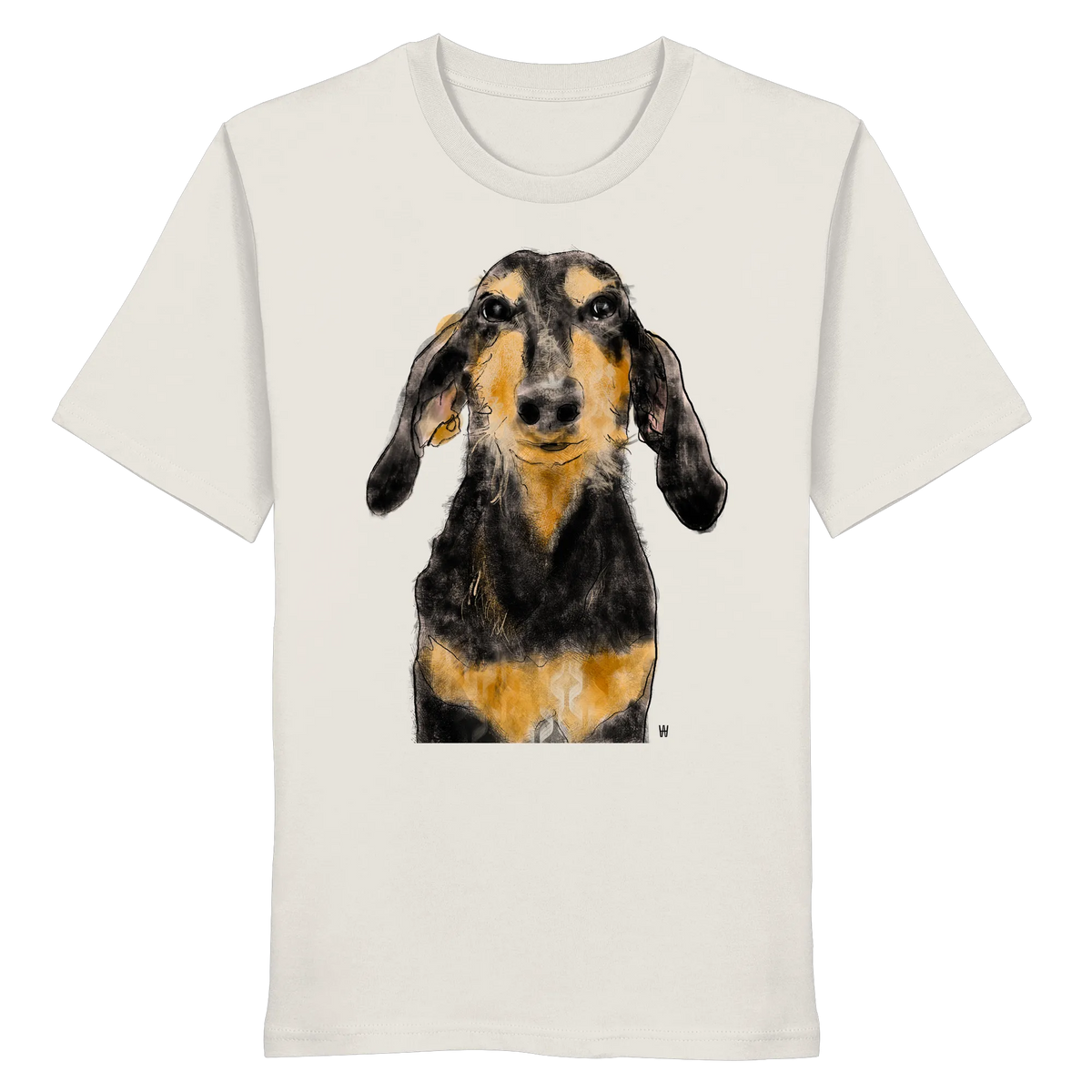 Handgezeichnete Segugio Italiano-Illustration "Tenor" auf einem altweißen Bio-T-Shirt.