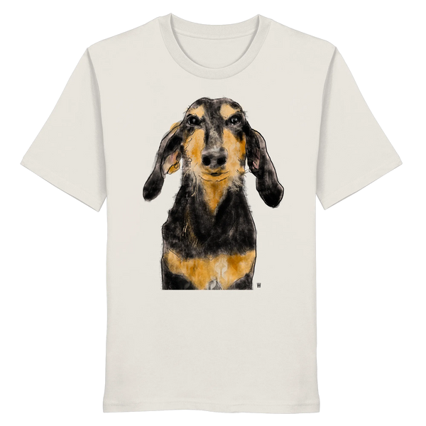 Handgezeichnete Segugio Italiano-Illustration "Tenor" auf einem altweißen Bio-T-Shirt.