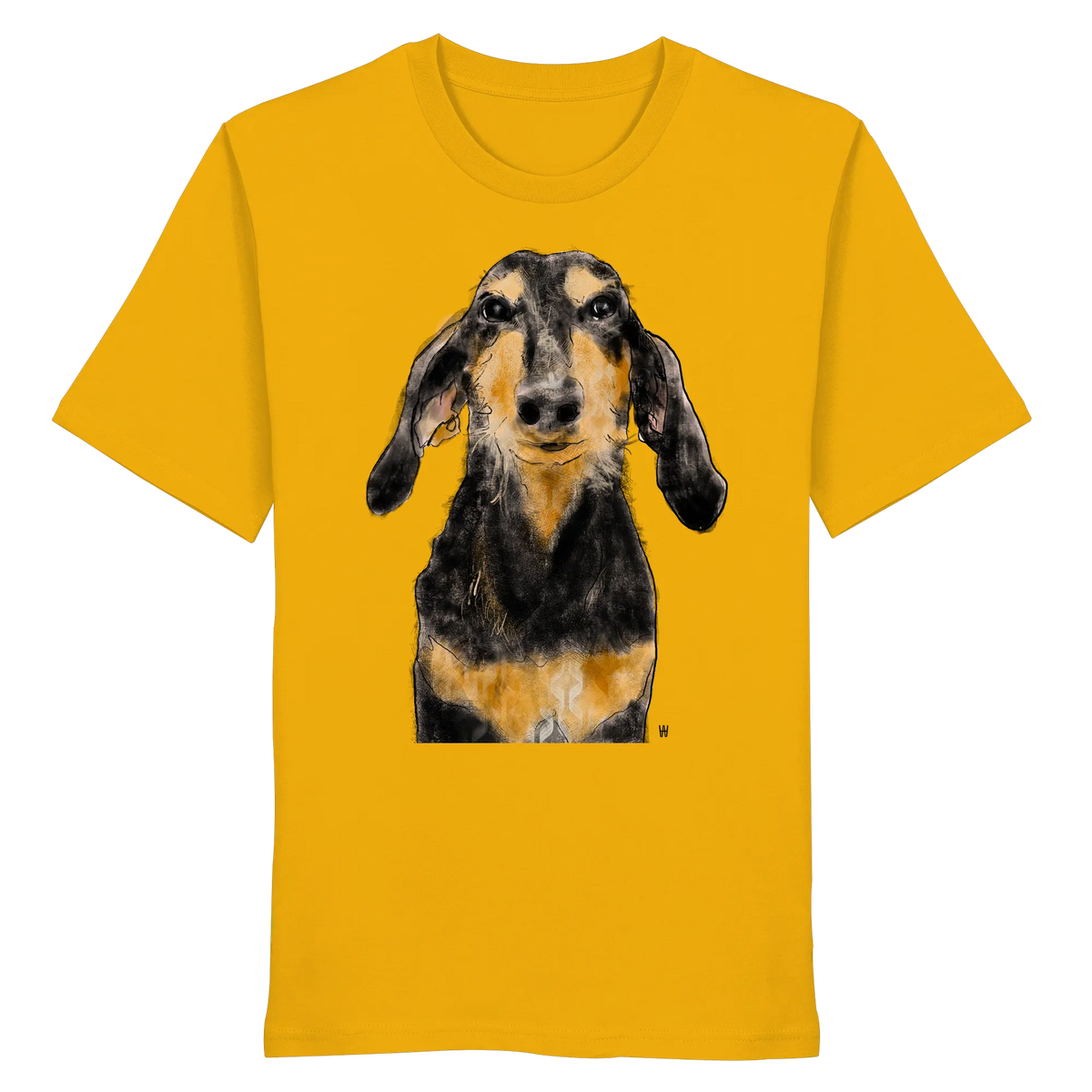 Handgezeichnete Segugio Italiano-Illustration "Tenor" auf einem gelben Bio-T-Shirt.
