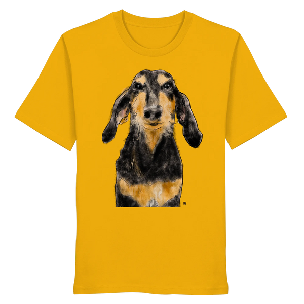 Handgezeichnete Segugio Italiano-Illustration "Tenor" auf einem gelben Bio-T-Shirt.