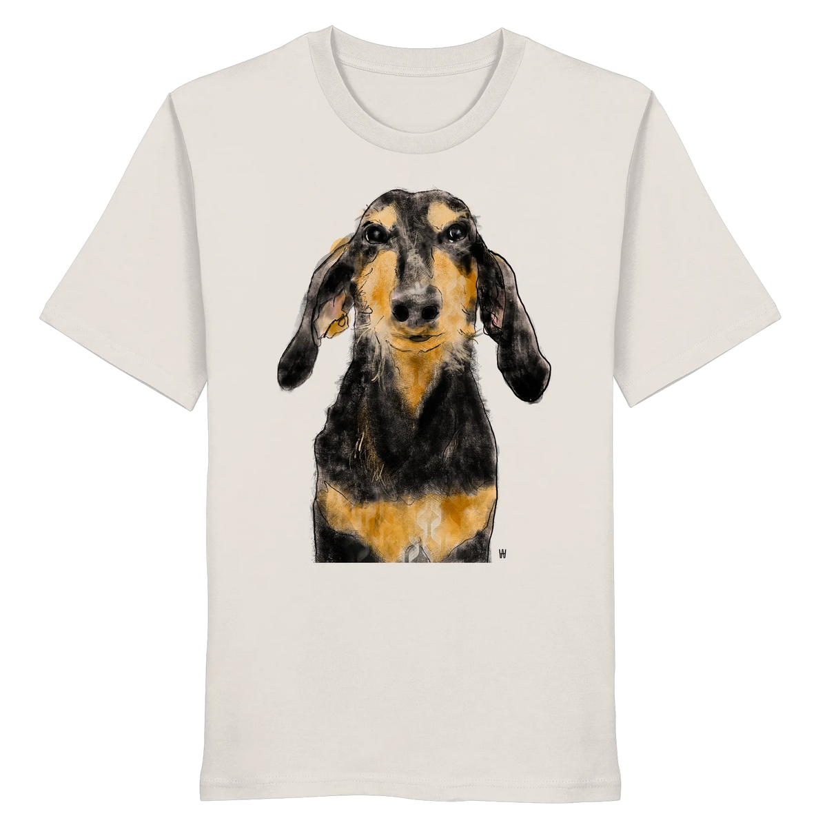 Handgezeichnete Segugio Italiano-Illustration "Tenor" auf einem vintageweißen Bio-T-Shirt.