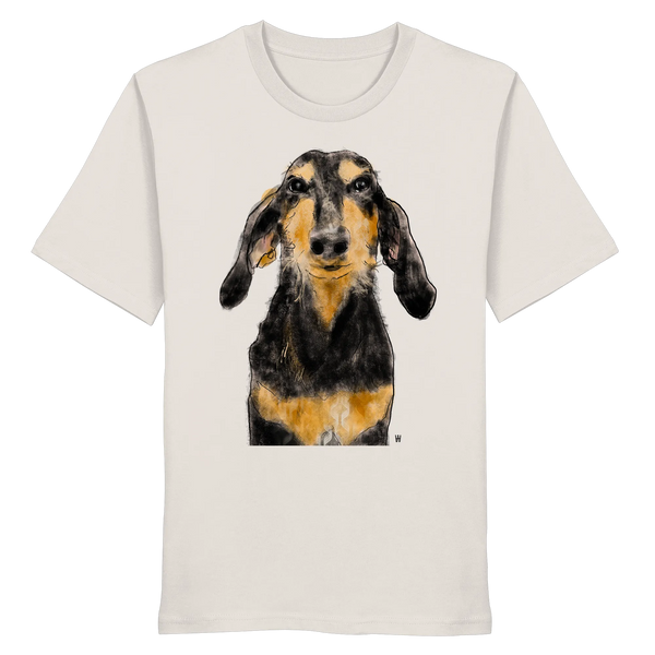 Handgezeichnete Segugio Italiano-Illustration "Tenor" auf einem vintageweißen Bio-T-Shirt.