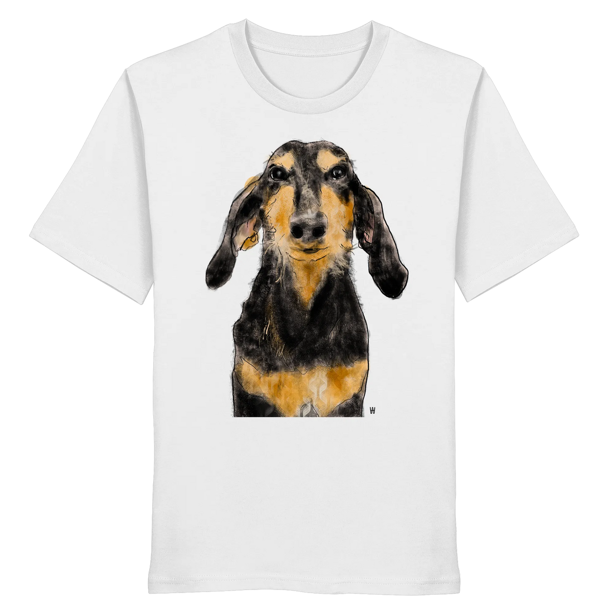 Handgezeichnete Segugio Italiano-Illustration "Tenor" auf einem weißen Bio-T-Shirt.