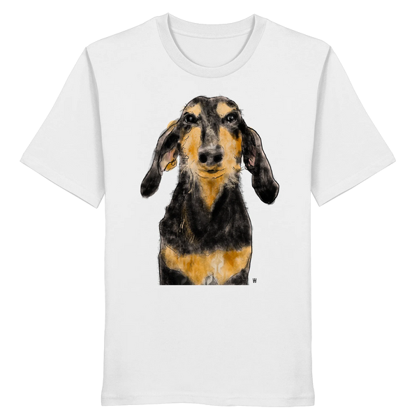 Handgezeichnete Segugio Italiano-Illustration "Tenor" auf einem weißen Bio-T-Shirt.