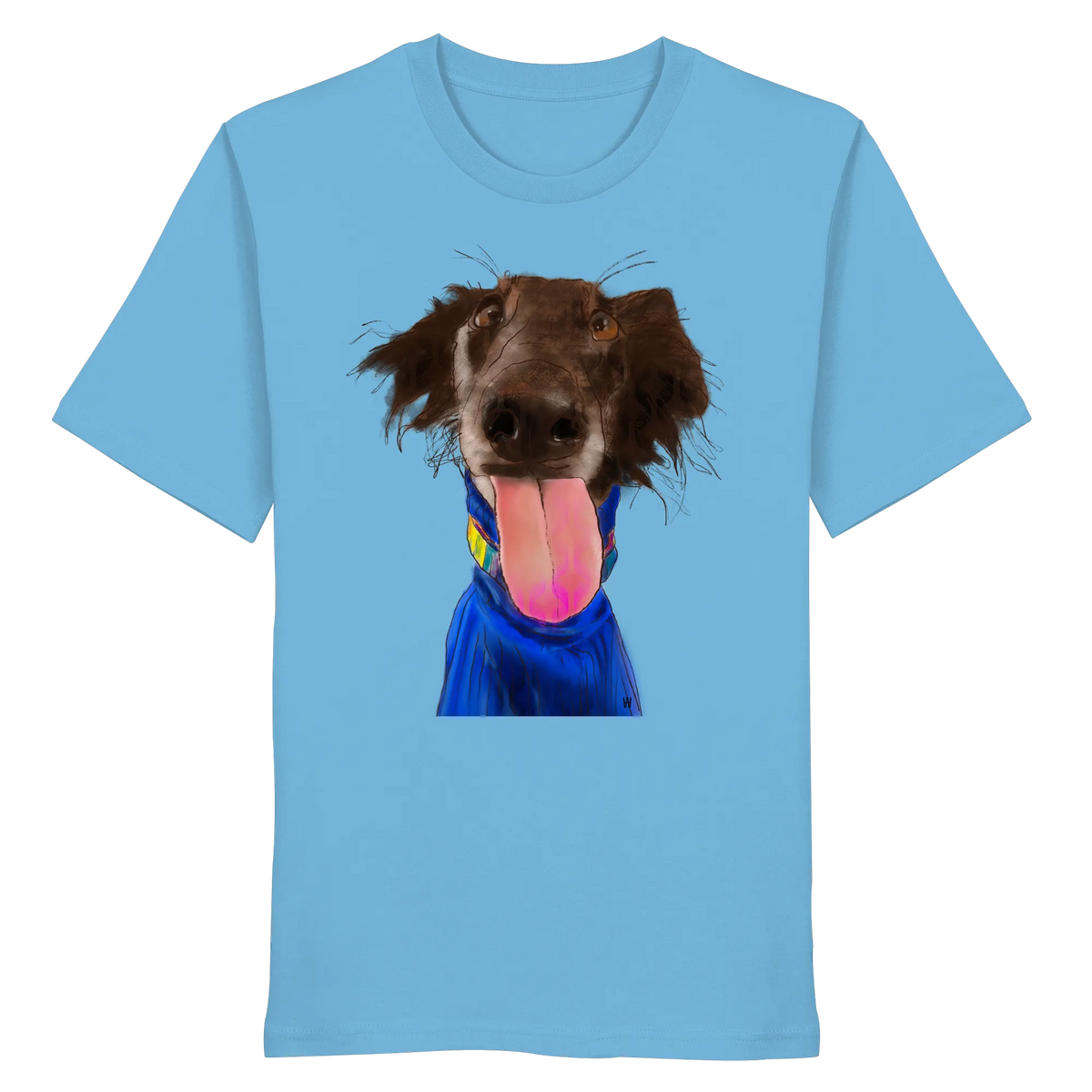 Handgezeichnete Silken-Windsprite-Illustration "Crazy" auf einem kräftig blauen Bio-T-Shirt.