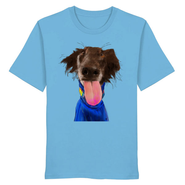 Handgezeichnete Silken-Windsprite-Illustration "Crazy" auf einem kräftig blauen Bio-T-Shirt.