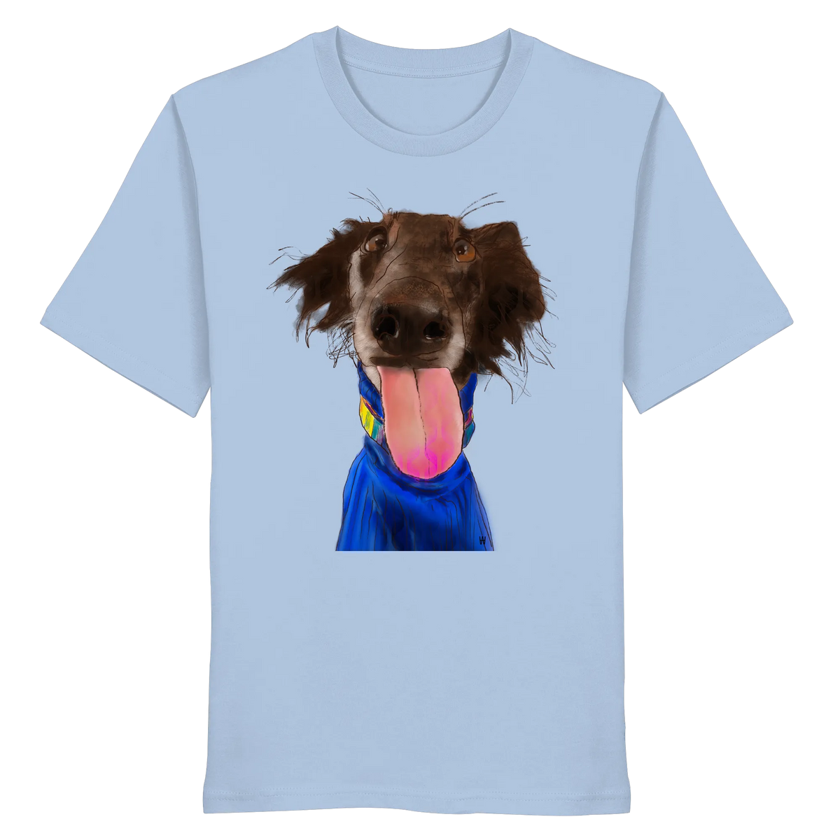Handgezeichnete Silken-Windsprite-Illustration "Crazy" auf einem hellblauen Bio-T-Shirt