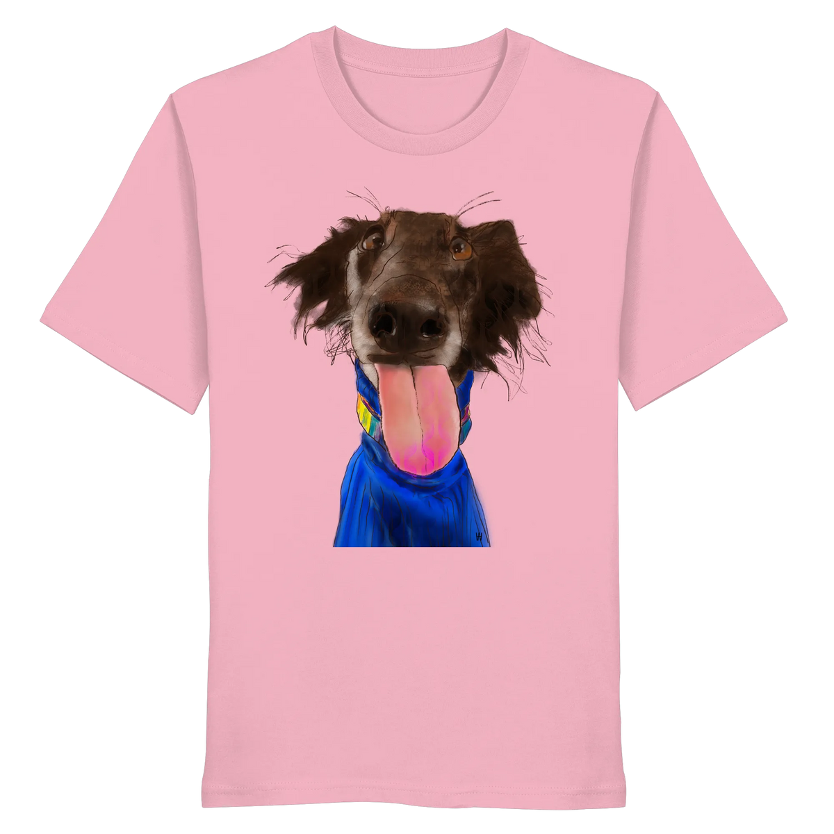 Handgezeichnete Silken-Windsprite-Illustration "Crazy" auf einem rosa Bio-T-Shirt.