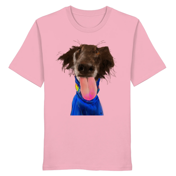 Handgezeichnete Silken-Windsprite-Illustration "Crazy" auf einem rosa Bio-T-Shirt.