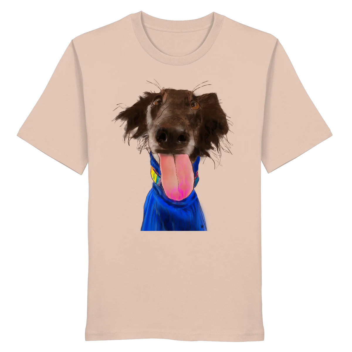 Handgezeichnete Silken-Windsprite-Illustration "Crazy" auf einem pfirsichfarbenen Bio-T-Shirt.