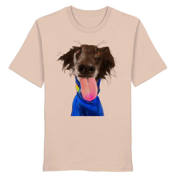 Handgezeichnete Silken-Windsprite-Illustration "Crazy" auf einem pfirsichfarbenen Bio-T-Shirt.