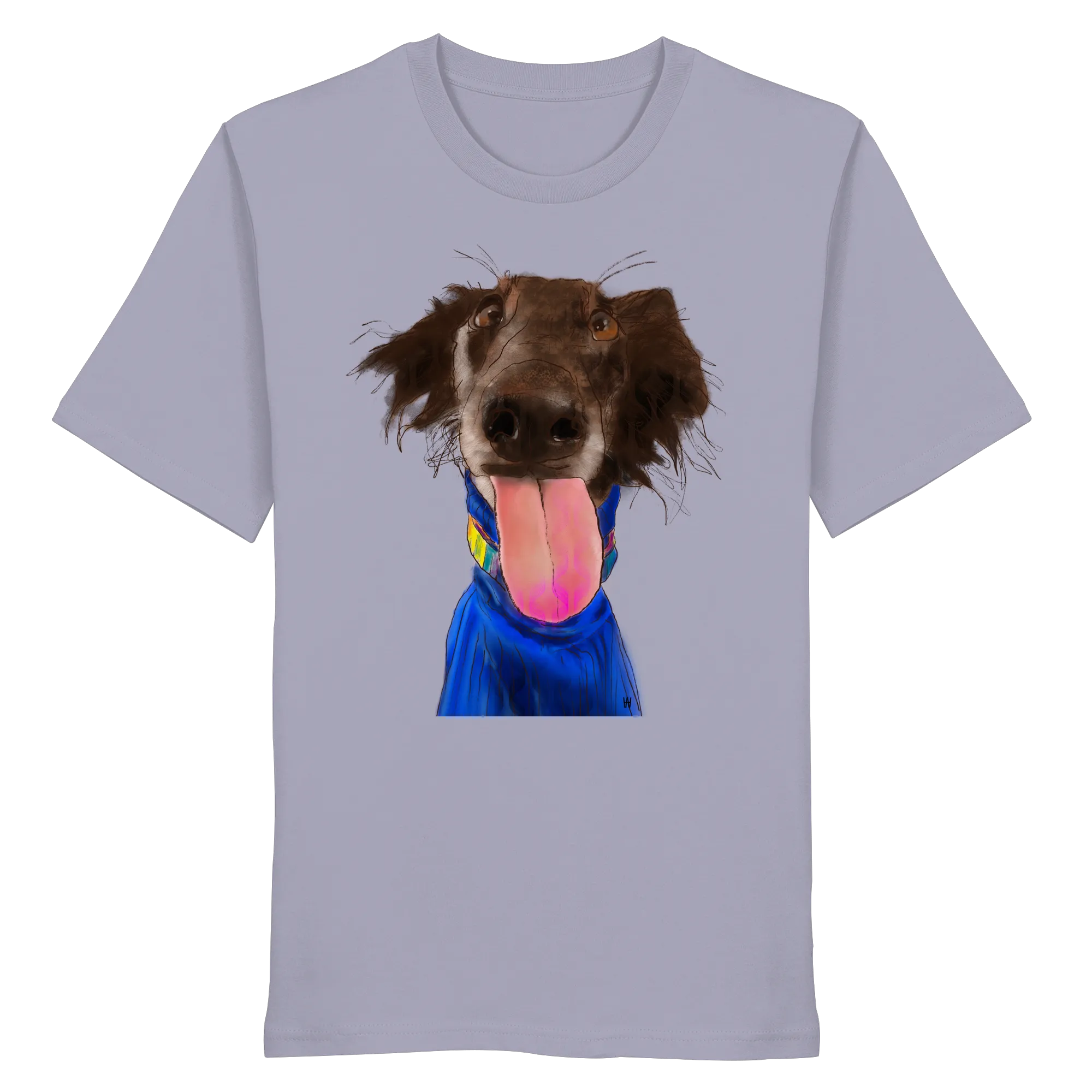 Handgezeichnete Silken-Windsprite-Illustration "Crazy" auf einem lila Bio-T-Shirt.