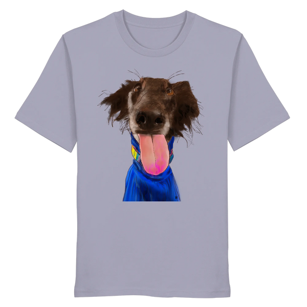 Handgezeichnete Silken-Windsprite-Illustration "Crazy" auf einem lila Bio-T-Shirt.
