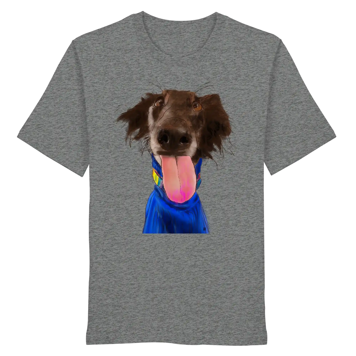 Handgezeichnete Silken-Windsprite-Illustration "Crazy" auf einem mittelgrauen Bio-T-Shirt.