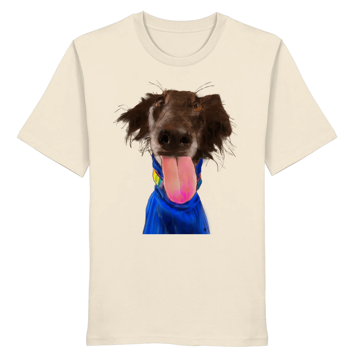 Handgezeichnete Silken-Windsprite-Illustration "Crazy" auf einem cremefarbenen Bio-T-Shirt.