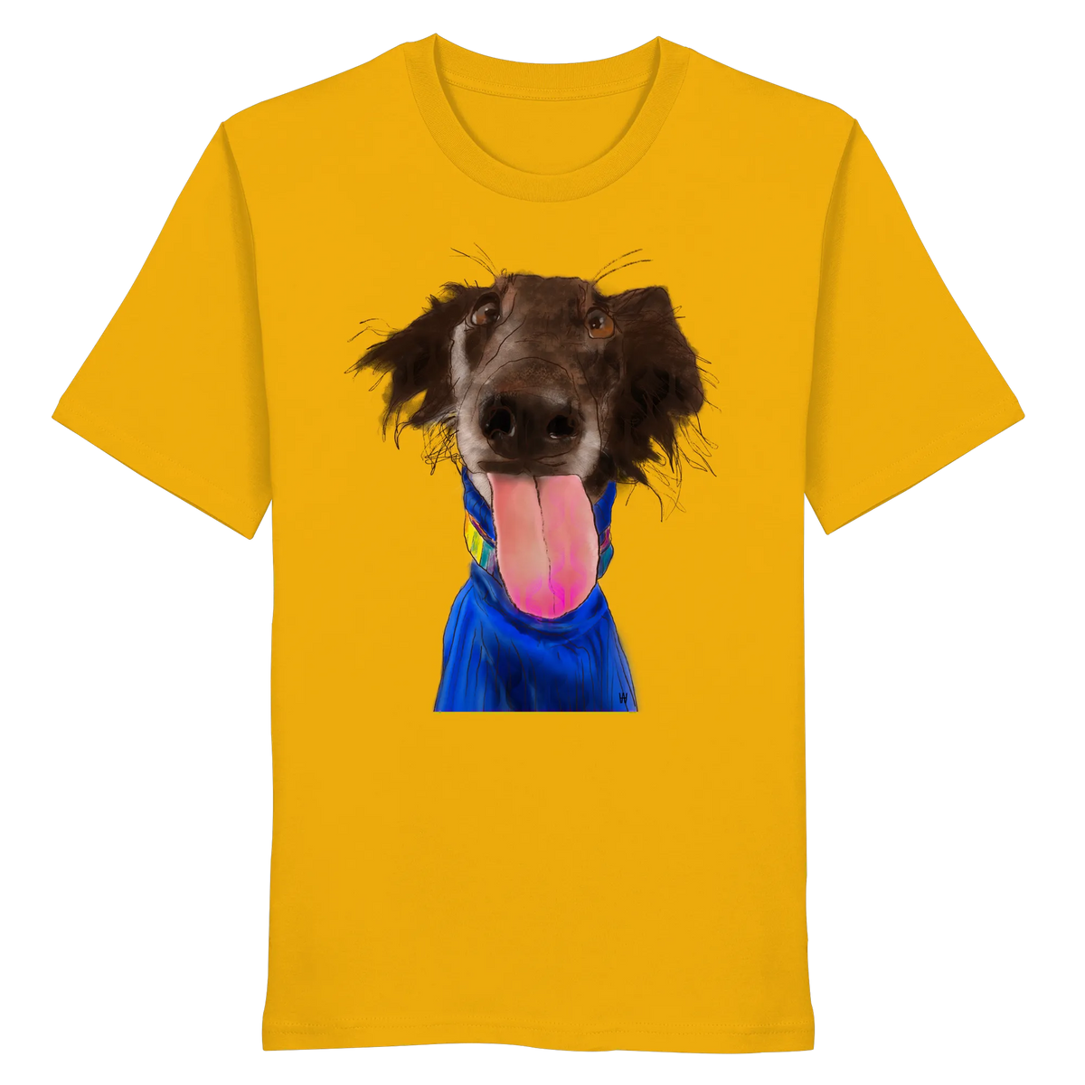Handgezeichnete Silken-Windsprite-Illustration "Crazy" auf einem gelben Bio-T-Shirt.