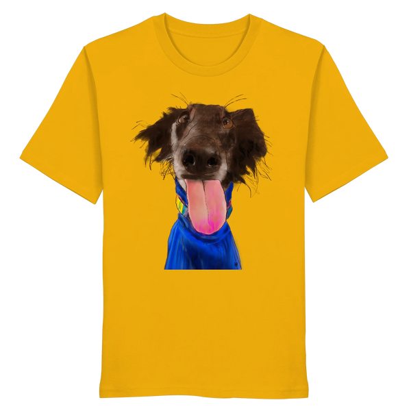 Handgezeichnete Silken-Windsprite-Illustration "Crazy" auf einem gelben Bio-T-Shirt.