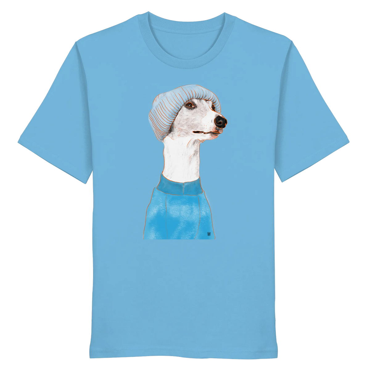 Handgezeichnetes Whippet-Motiv "Cool" auf einem wasserblauen Bio-T-Shirt