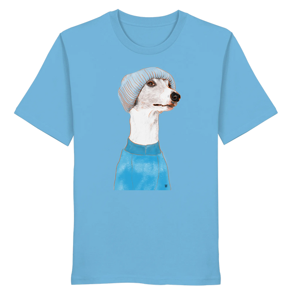 Handgezeichnetes Whippet-Motiv "Cool" auf einem wasserblauen Bio-T-Shirt