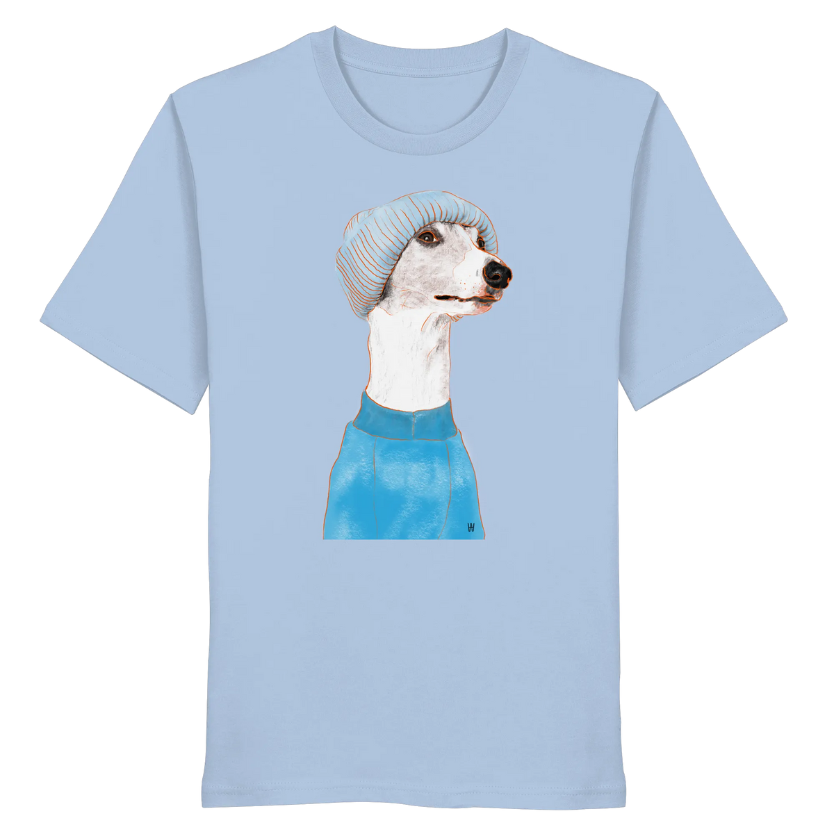 Handgezeichnetes Whippet-Motiv "Cool" auf einem hellblauen Bio-T-Shirt