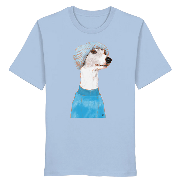 Handgezeichnetes Whippet-Motiv "Cool" auf einem hellblauen Bio-T-Shirt