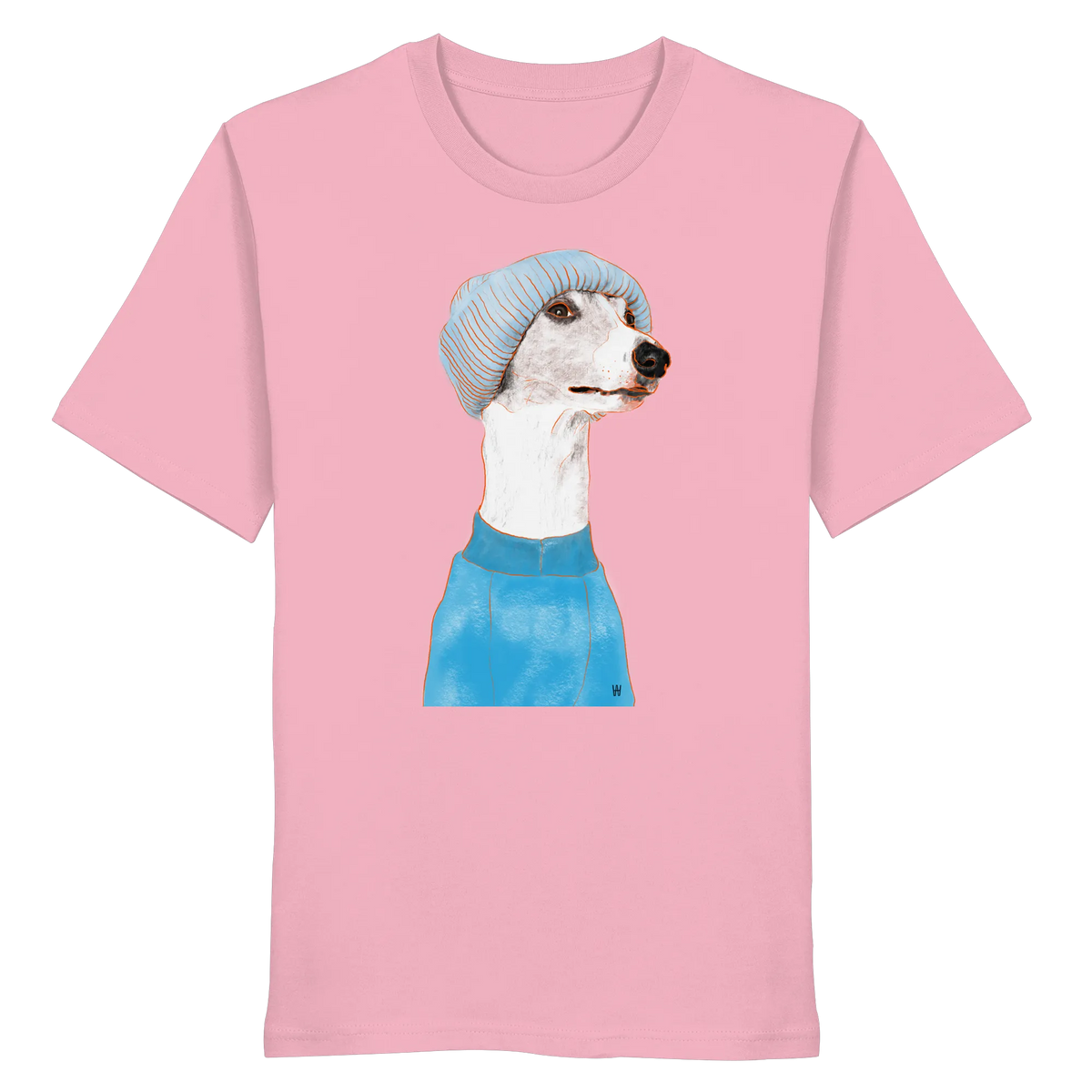 Handgezeichnetes Whippet-Motiv "Cool" auf einem rosa Bio-T-Shirt
