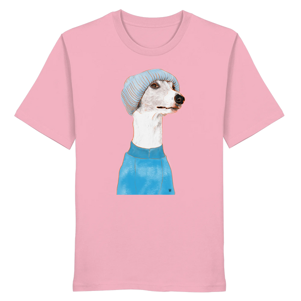 Handgezeichnetes Whippet-Motiv "Cool" auf einem rosa Bio-T-Shirt
