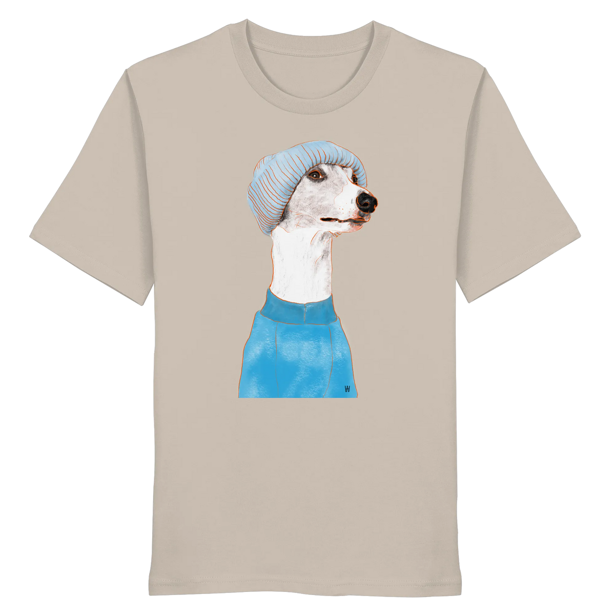 Handgezeichnetes Whippet-Motiv "Cool" auf einem sandbeigen Bio-T-Shirt
