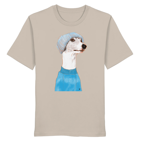 Handgezeichnetes Whippet-Motiv "Cool" auf einem sandbeigen Bio-T-Shirt