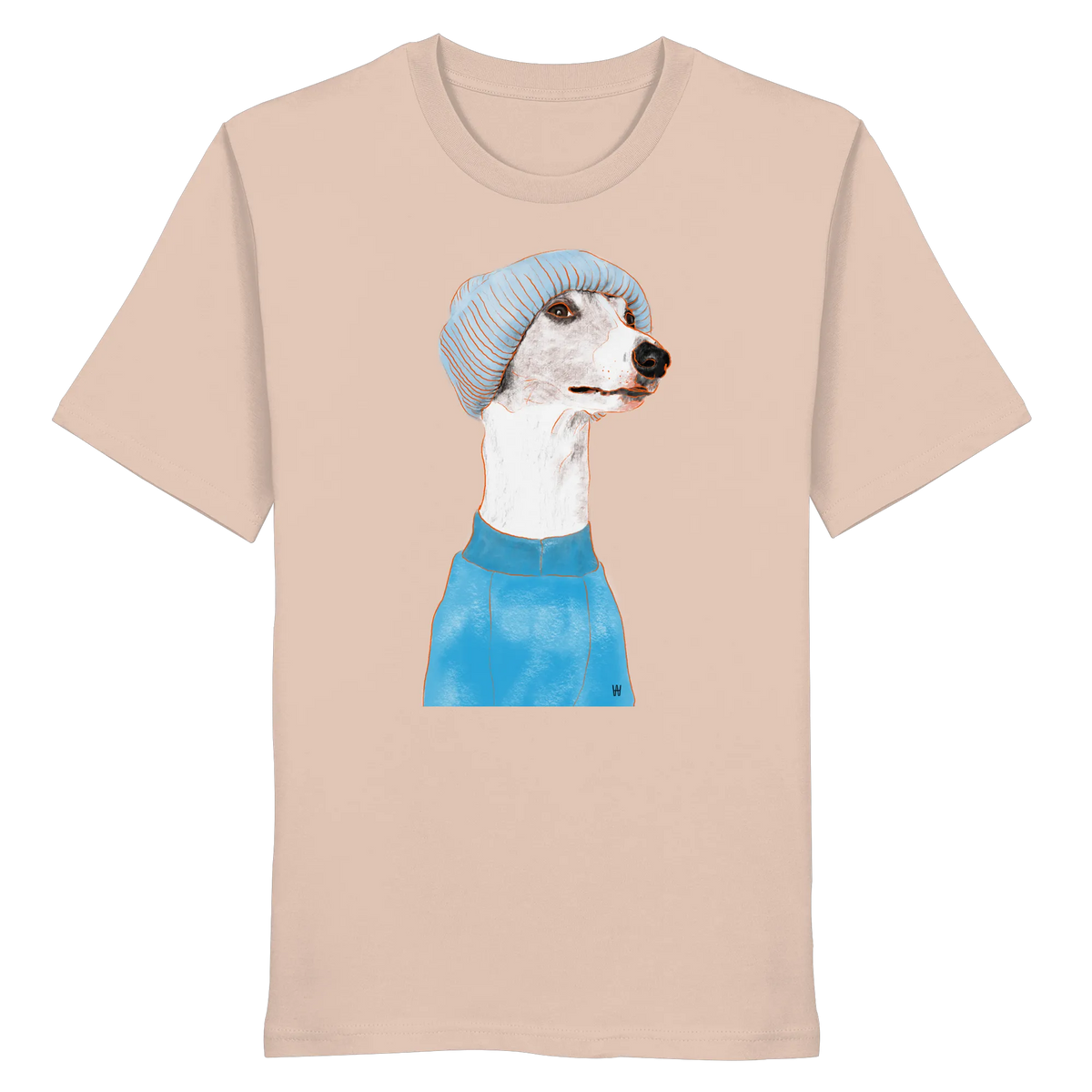 Handgezeichnetes Whippet-Motiv "Cool" auf einem pfirsichfarbenen Bio-T-Shirt
