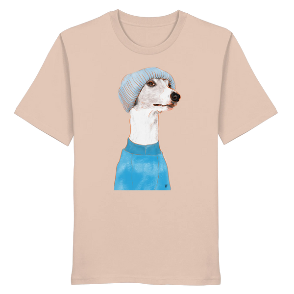 Handgezeichnetes Whippet-Motiv "Cool" auf einem pfirsichfarbenen Bio-T-Shirt