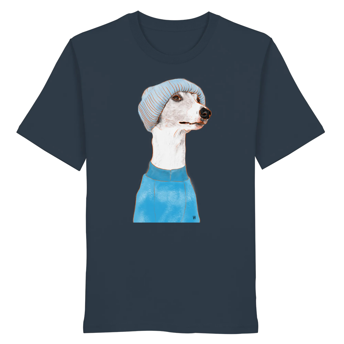 Handgezeichnetes Whippet-Motiv "Cool" auf einem blaugrauen Bio-T-Shirt