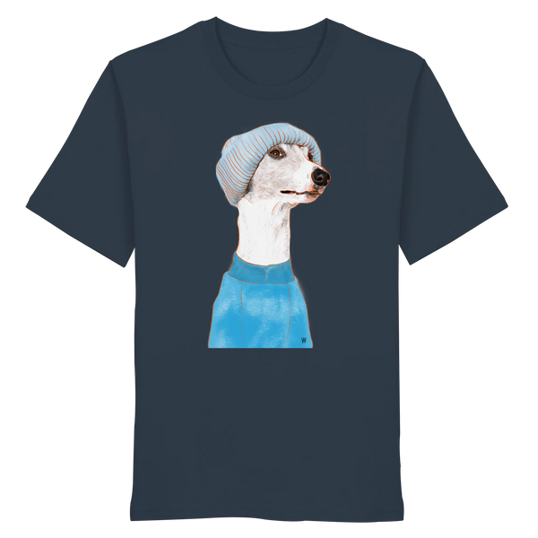 Handgezeichnetes Whippet-Motiv "Cool" auf einem blaugrauen Bio-T-Shirt