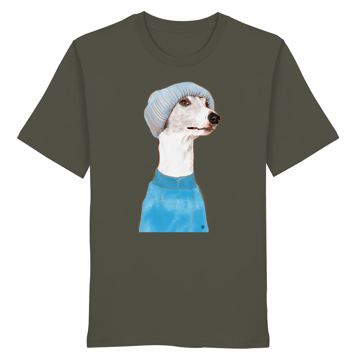 Handgezeichnetes Whippet-Motiv "Cool" auf einem khaki Bio-T-Shirt