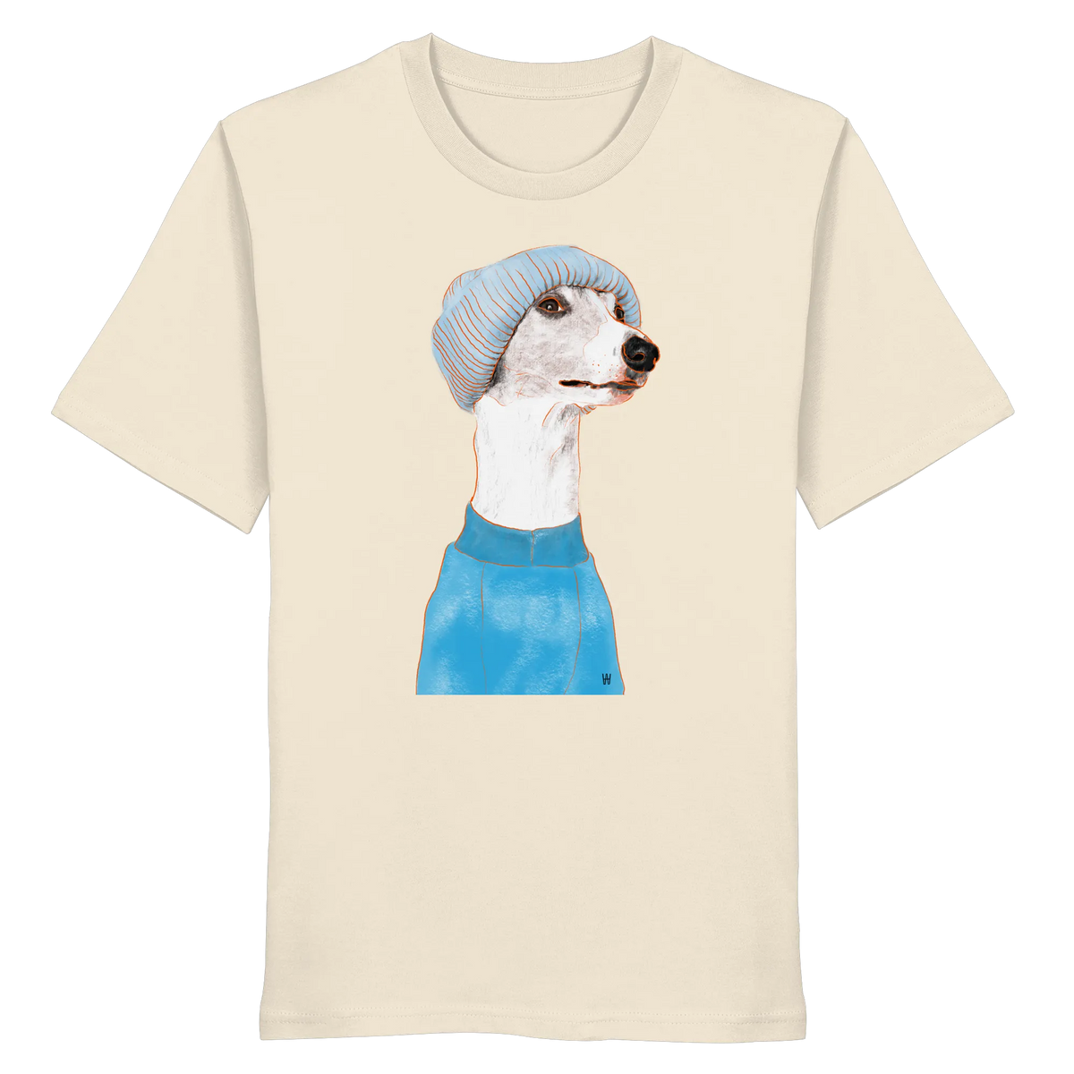 Handgezeichnetes Whippet-Motiv "Cool" auf einem naturweißen Bio-T-Shirt