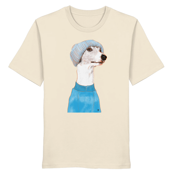 Handgezeichnetes Whippet-Motiv "Cool" auf einem naturweißen Bio-T-Shirt