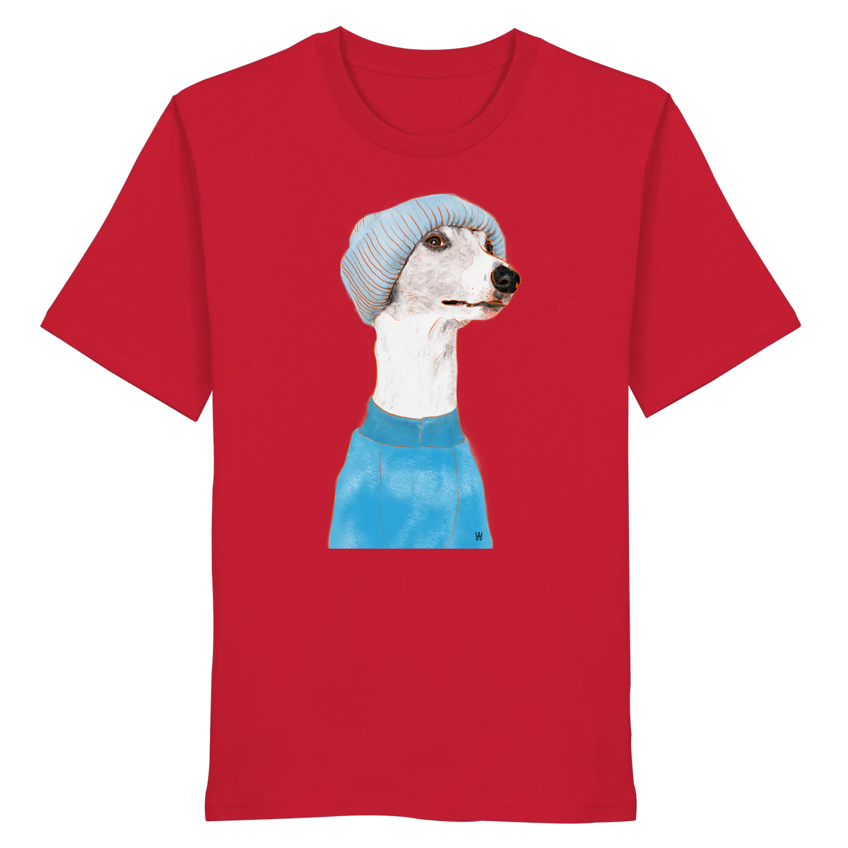 Handgezeichnetes Whippet-Motiv "Cool" auf einem roten Bio-T-Shirt