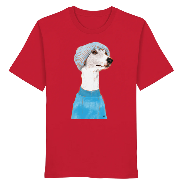 Handgezeichnetes Whippet-Motiv "Cool" auf einem roten Bio-T-Shirt