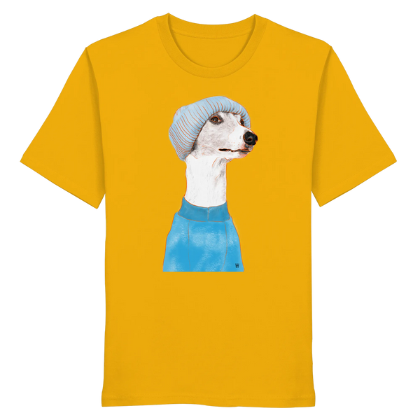 Handgezeichnetes Whippet-Motiv "Cool" auf einem sonnengelben Bio-T-Shirt