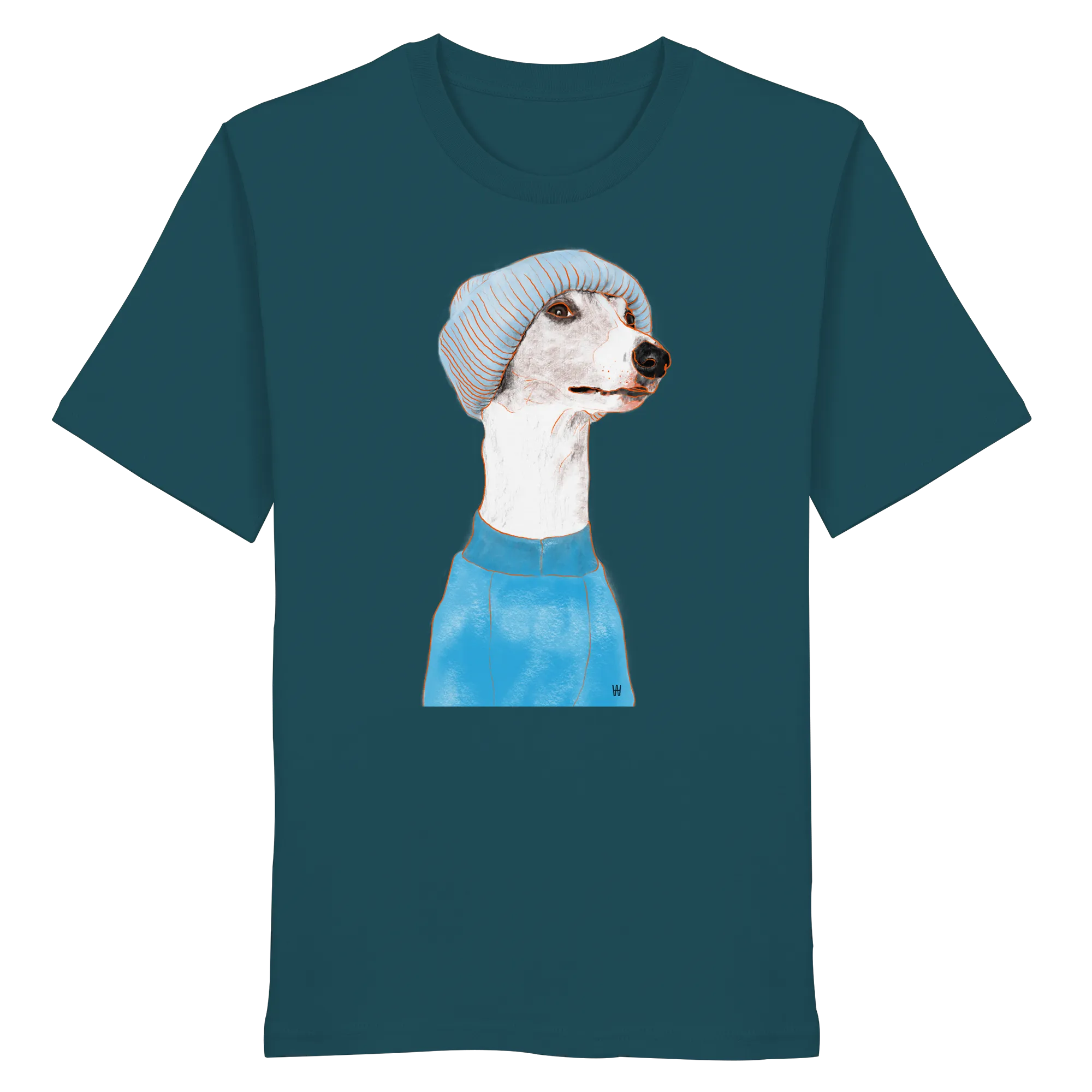 Handgezeichnetes Whippet-Motiv "Cool" auf einem petrolfarbenen Bio-T-Shirt.