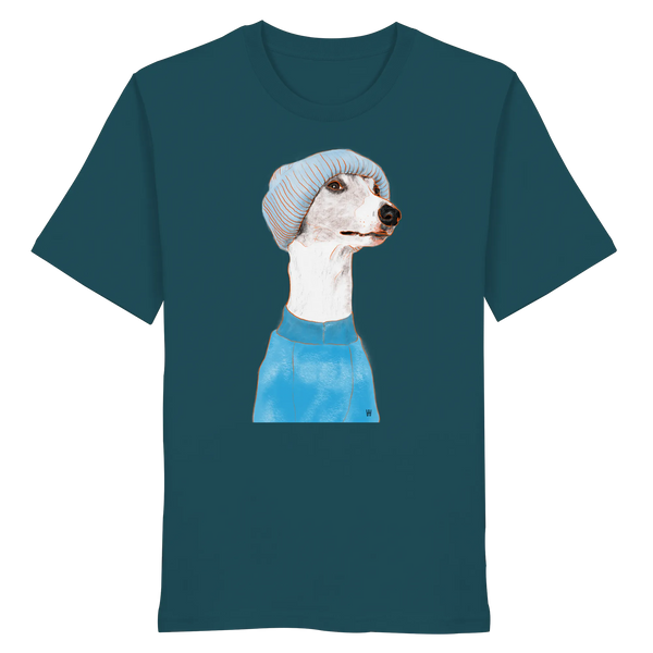 Handgezeichnetes Whippet-Motiv "Cool" auf einem petrolfarbenen Bio-T-Shirt.