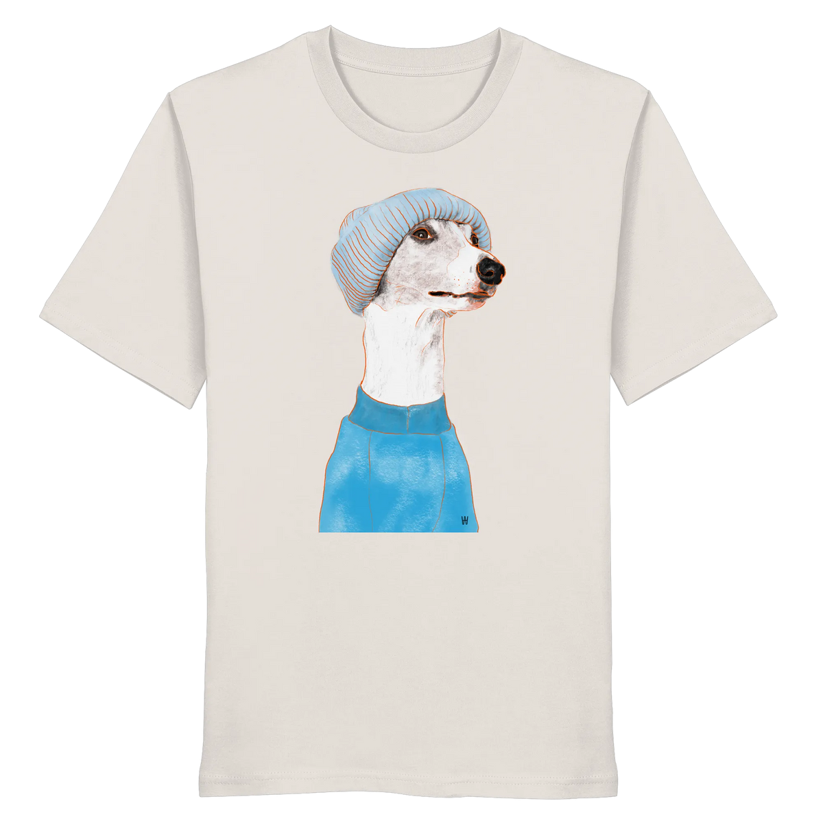 Handgezeichnetes Whippet-Motiv "Cool" auf einem altweißen Bio-T-Shirt