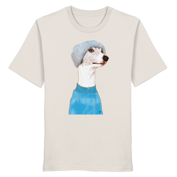 Handgezeichnetes Whippet-Motiv "Cool" auf einem altweißen Bio-T-Shirt