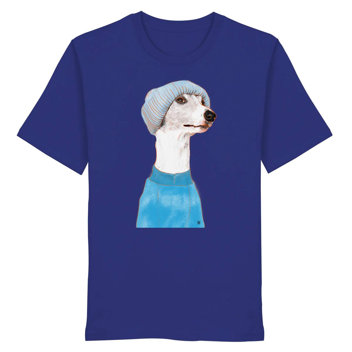 Handgezeichnetes Whippet-Motiv "Cool" auf einem ultramarinblauen Bio-T-Shirt