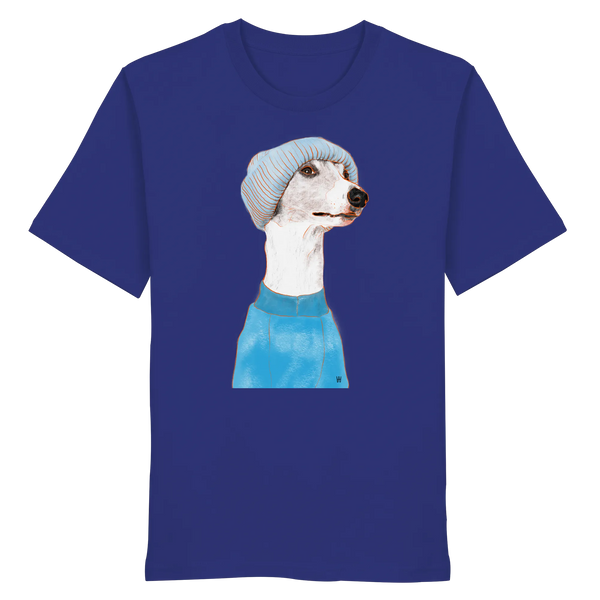 Handgezeichnetes Whippet-Motiv "Cool" auf einem ultramarinblauen Bio-T-Shirt