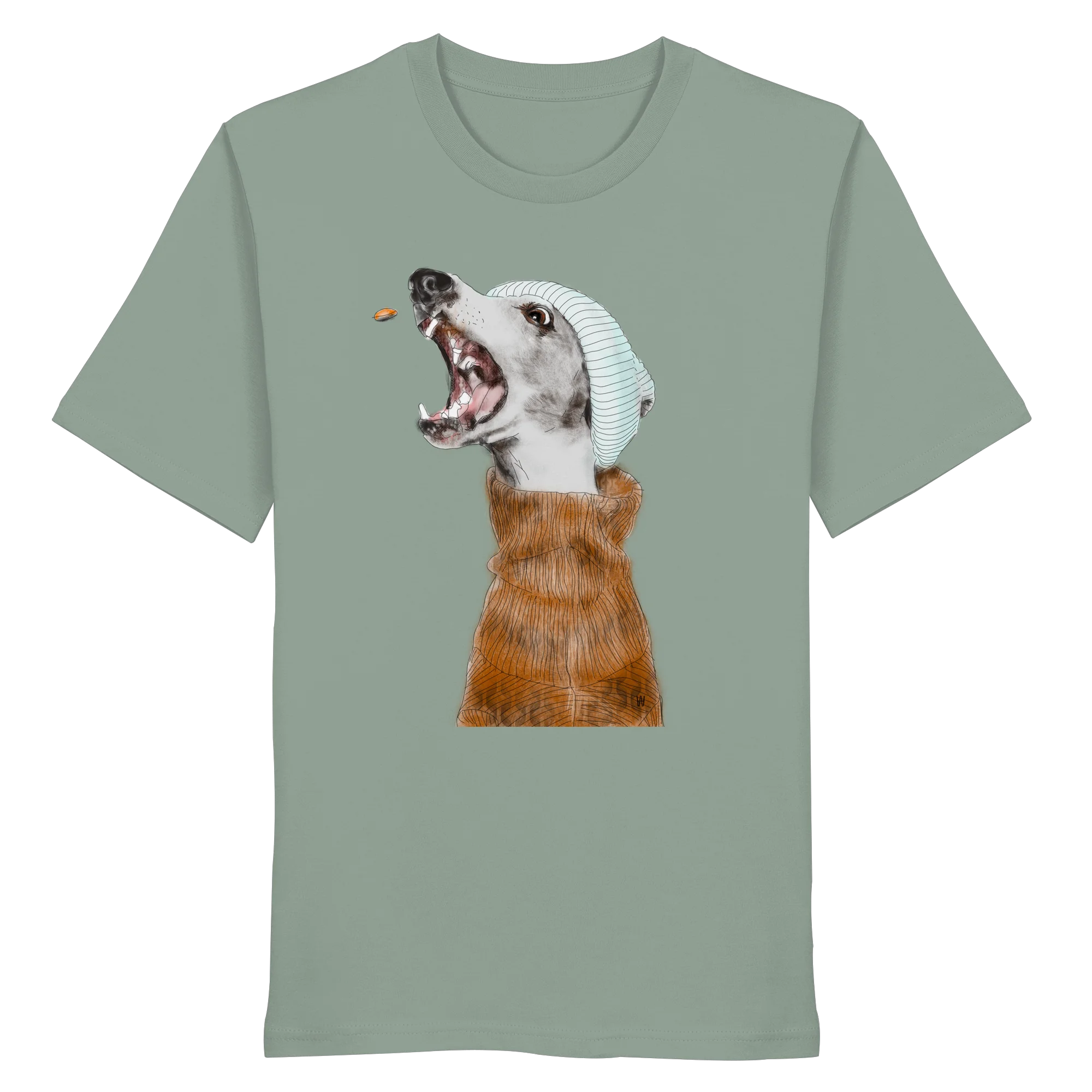 Ein männliches Model trägt die handgezeichnete Whippet-Illustration Fokussiert auf einem Bio-T-Shirt in Aloe