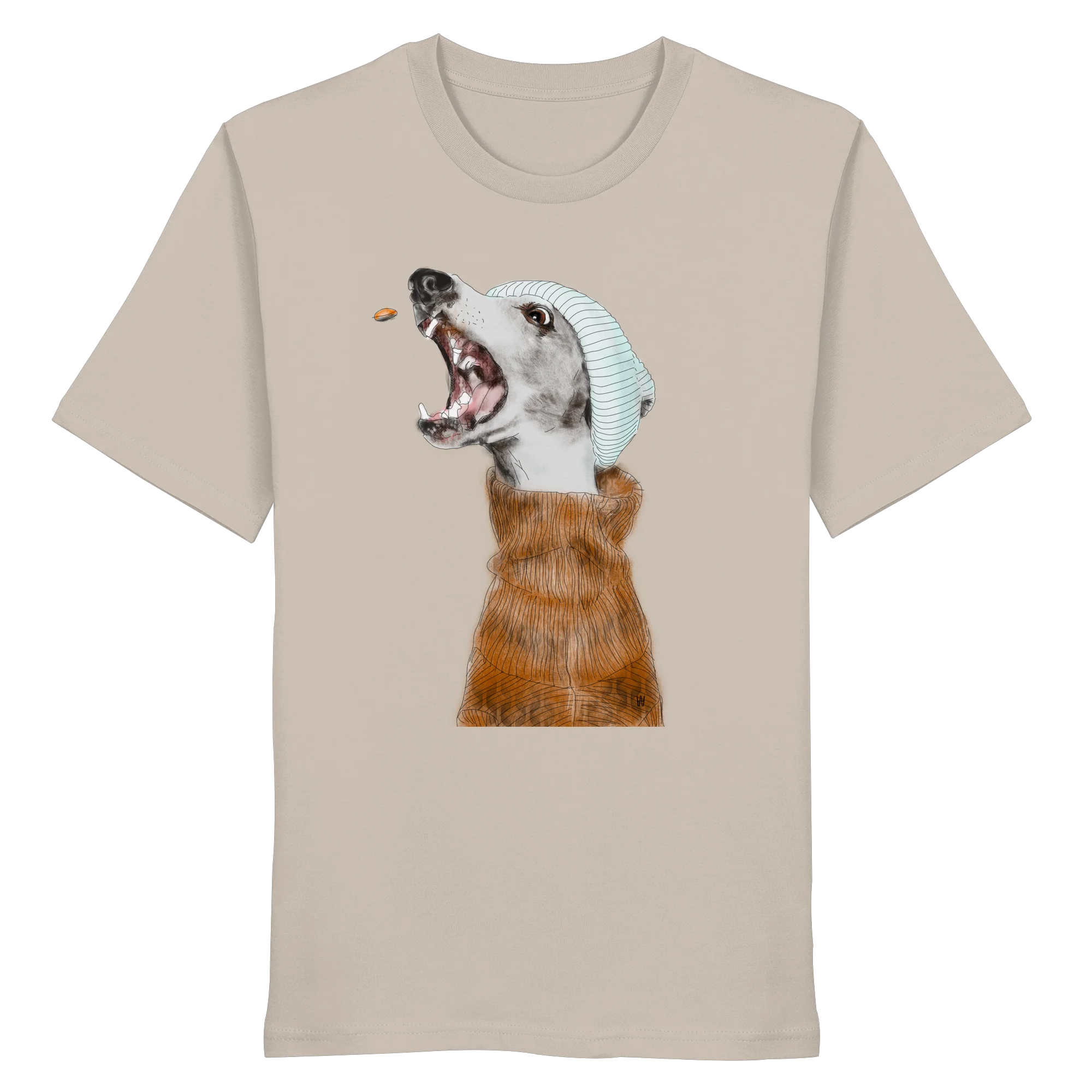 Handgezeichnete Whippet-Illustration Fokussiert auf einem Bio-T-Shirt in Sandbeige