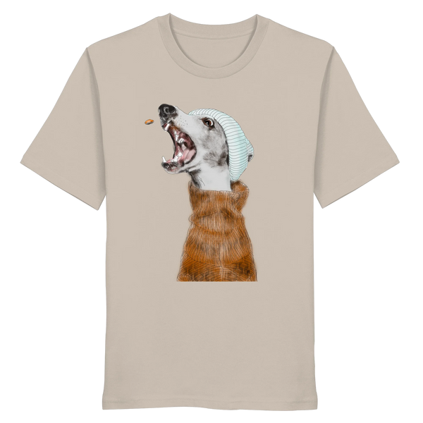 Handgezeichnete Whippet-Illustration Fokussiert auf einem Bio-T-Shirt in Sandbeige